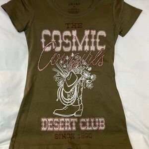 AWAKE Olive Green Graphic 'Cosmic Cowgirls' Tee, Size XS